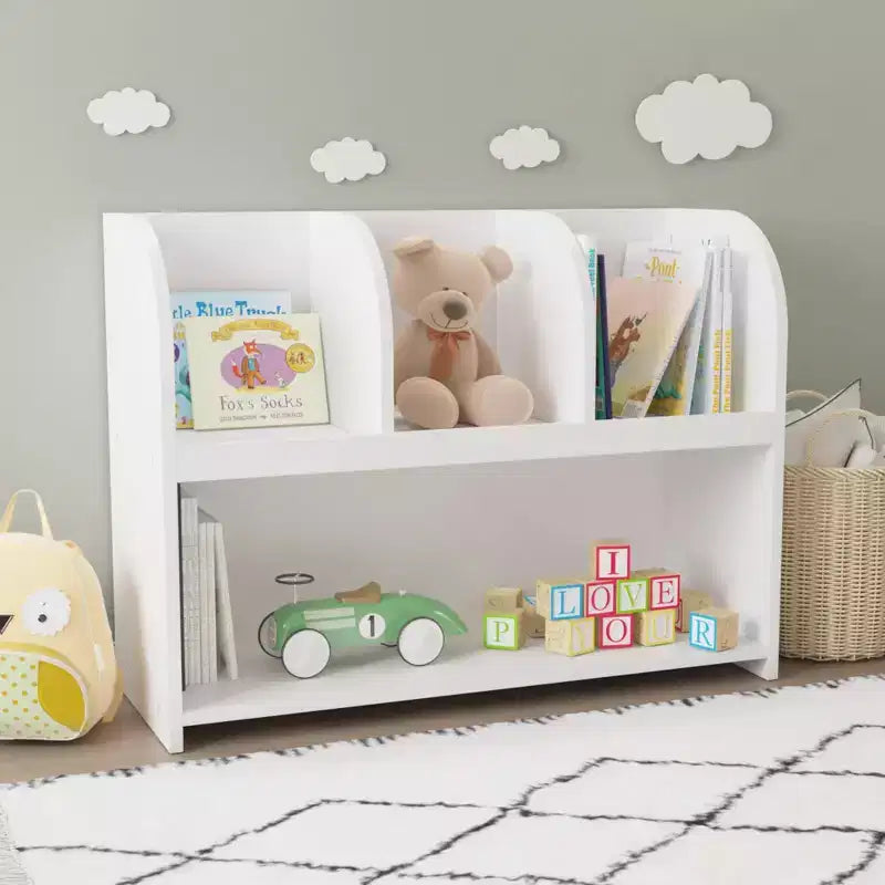 Libreria per bambini con 4 scomparti, Scaffale portaoggetti, Espositore, Scaffale, Organizer giocattoli per la camera dei bambini, Bianco
