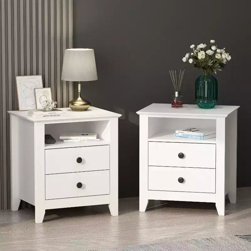 Comodino bianco con 2 cassetti e 1 ripiano aperto, tavolino dal design moderno
