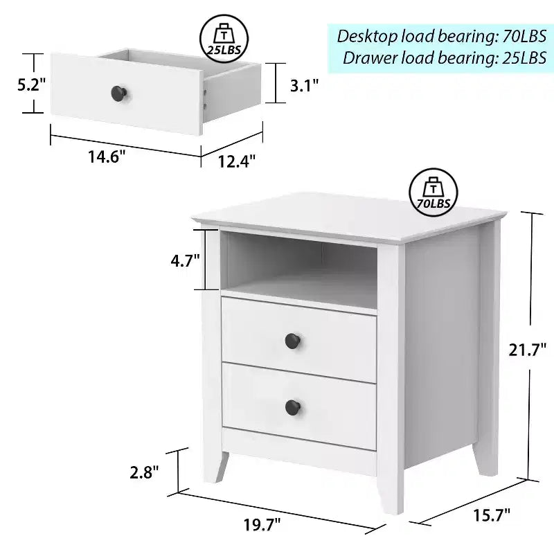 Comodino bianco con 2 cassetti e 1 ripiano aperto, tavolino dal design moderno