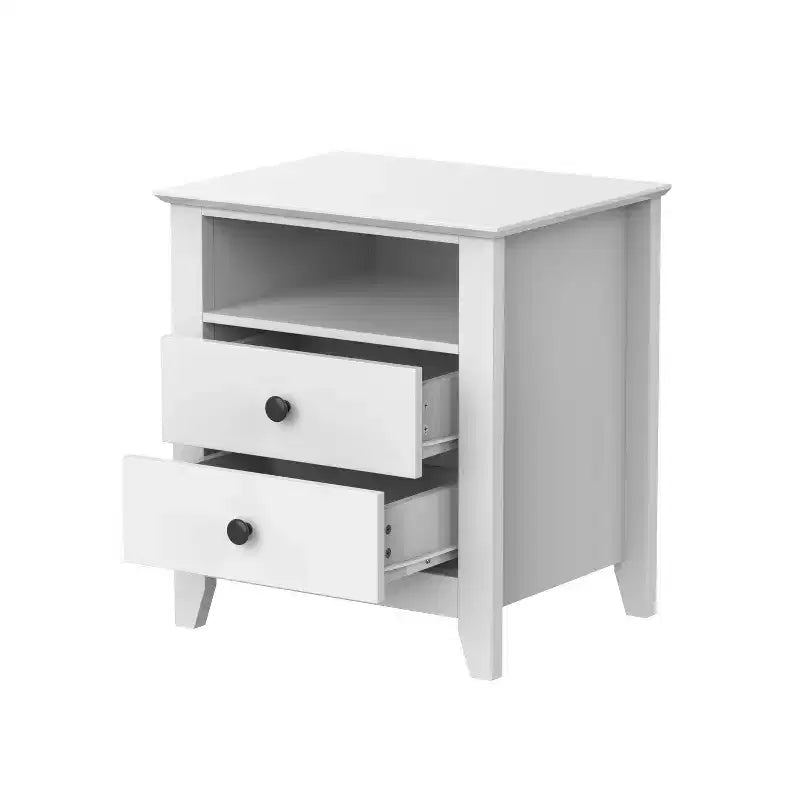 Comodino bianco con 2 cassetti e 1 ripiano aperto, tavolino dal design moderno