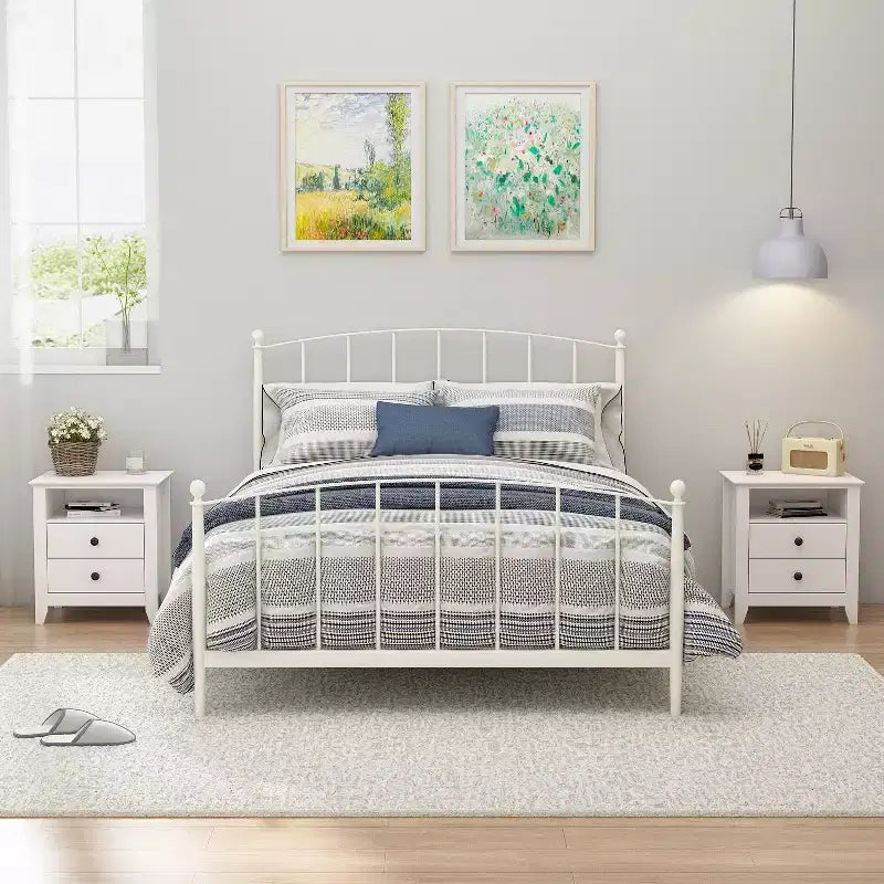 Comodino bianco con 2 cassetti e 1 ripiano aperto, tavolino dal design moderno