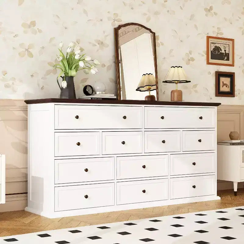Hitow Large White 12 Drawer Horizontal Dresser with Oak Colour Top Table