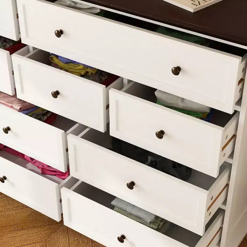 Cassettiera orizzontale grande bianca a 12 cassetti con piano color rovere