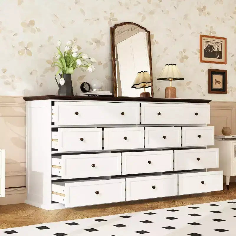 Cassettiera orizzontale grande bianca a 12 cassetti con piano color rovere