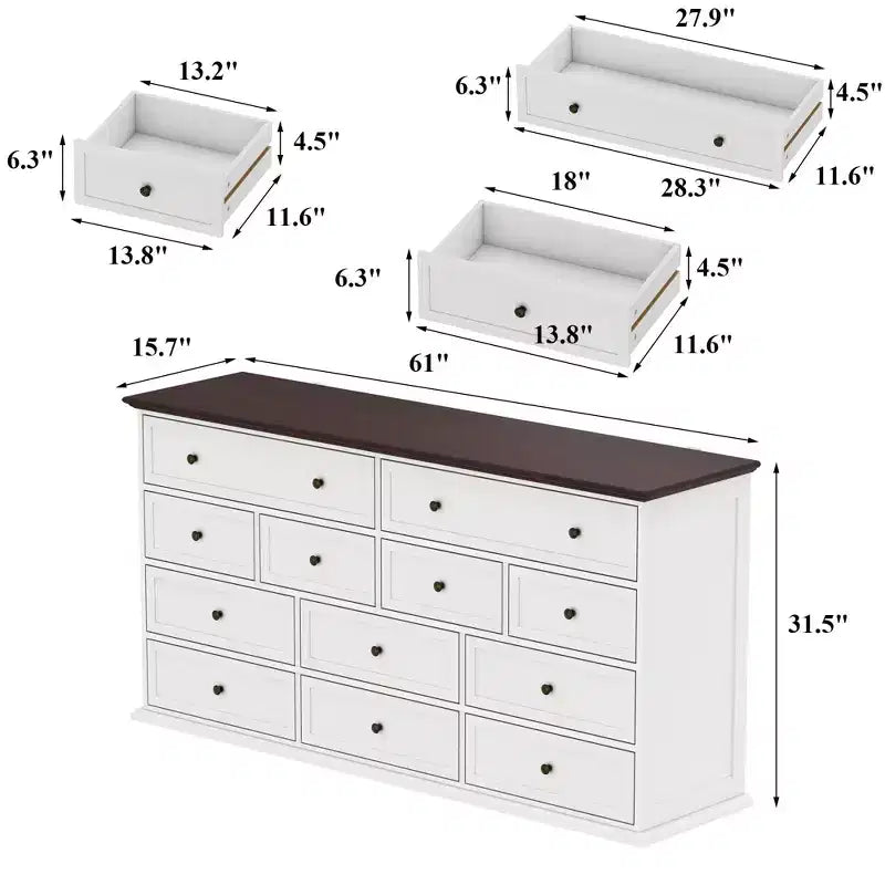 Cassettiera orizzontale grande bianca a 12 cassetti con piano color rovere