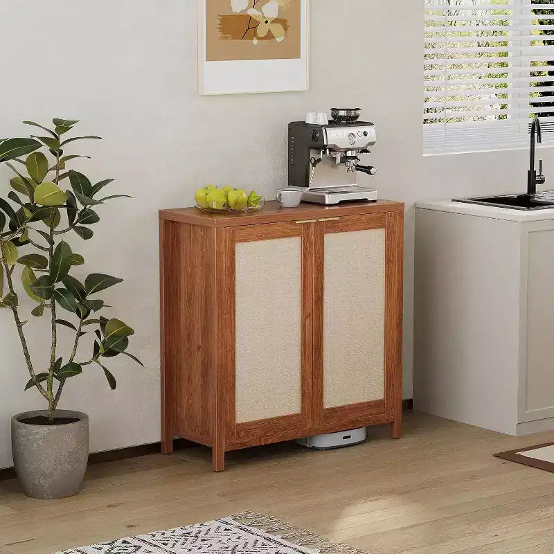 Rattan Sideboard Buffet Cabinet - Large Credenza Kitchen Storage Cabinet with Rattan Storage