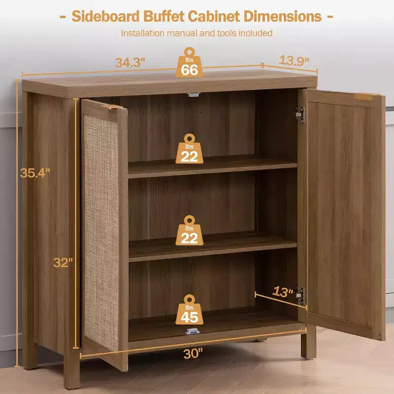 Mobile Buffet in Rattan - Grande Credenza da Cucina con Ante in Rattan