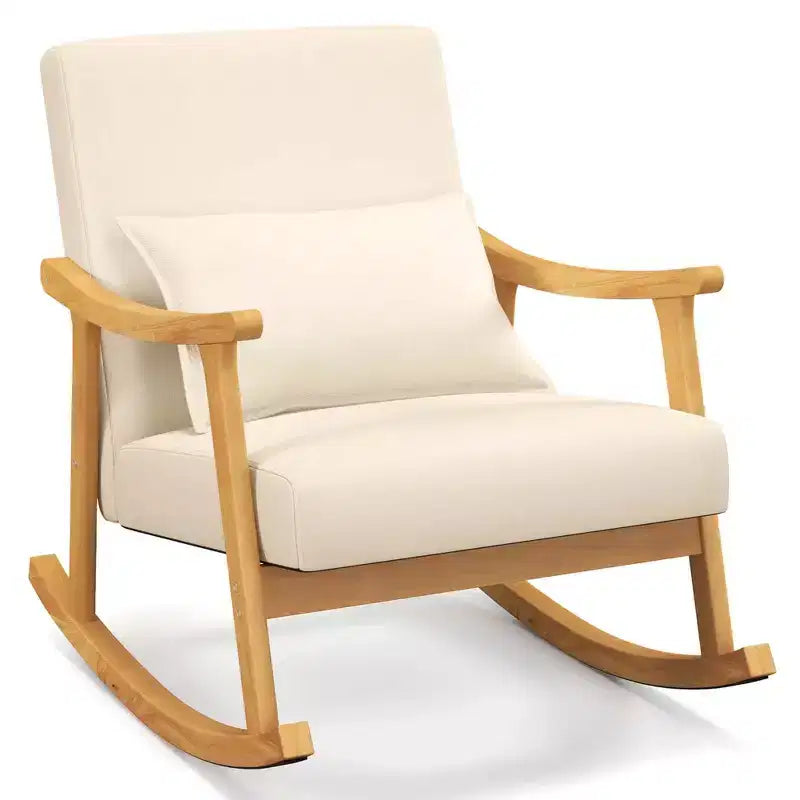Costway 1/2 PCS Upholstered Rocking Chair with Pillow Rocking Armchair with Rubber Wood Frame Beige