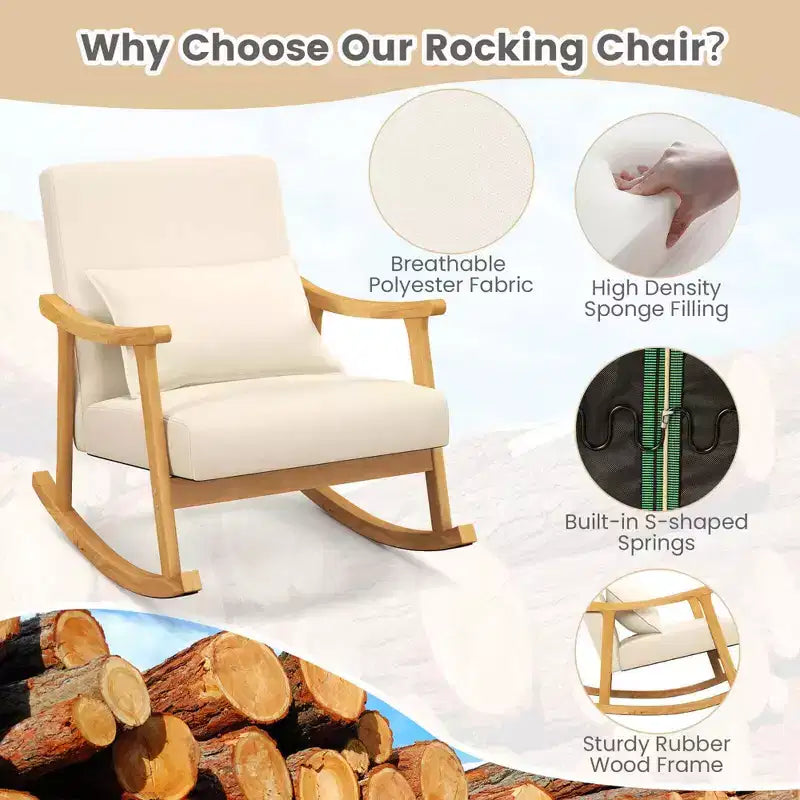 Sedia a Dondolo Imbottita con Cuscino, Struttura in Legno di Caucciù, Beige (1 o 2 PZ)