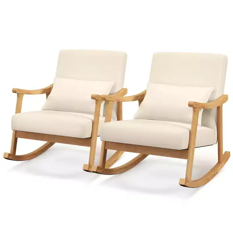 Sedia a Dondolo Imbottita con Cuscino, Struttura in Legno di Caucciù, Beige (1 o 2 PZ)