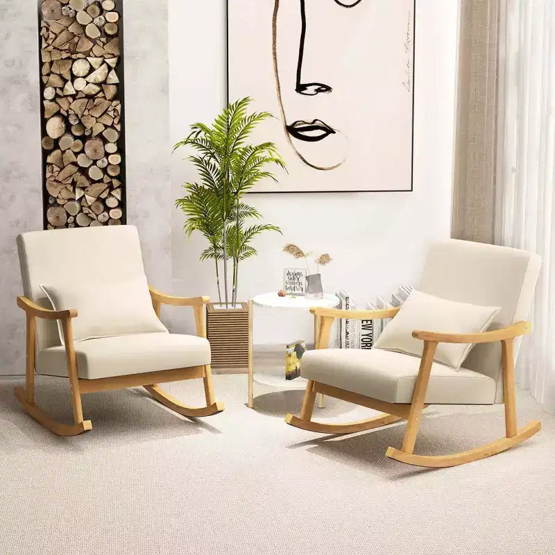 Sedia a Dondolo Imbottita con Cuscino, Struttura in Legno di Caucciù, Beige (1 o 2 PZ)