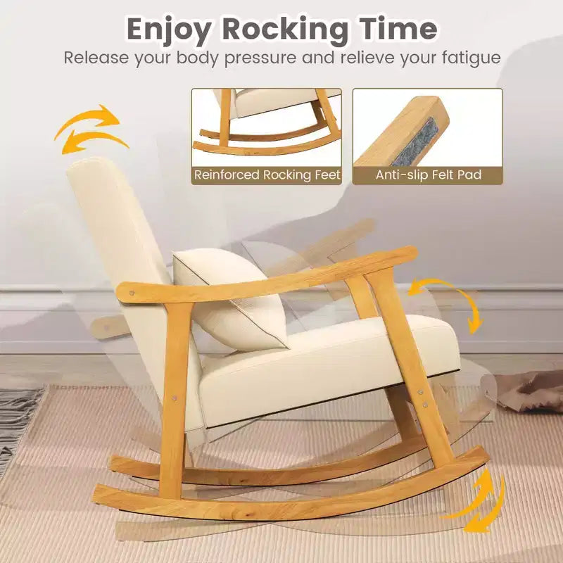 Sedia a Dondolo Imbottita con Cuscino, Struttura in Legno di Caucciù, Beige (1 o 2 PZ)