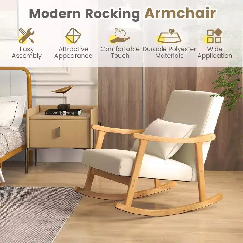 Sedia a Dondolo Imbottita con Cuscino, Struttura in Legno di Caucciù, Beige (1 o 2 PZ)