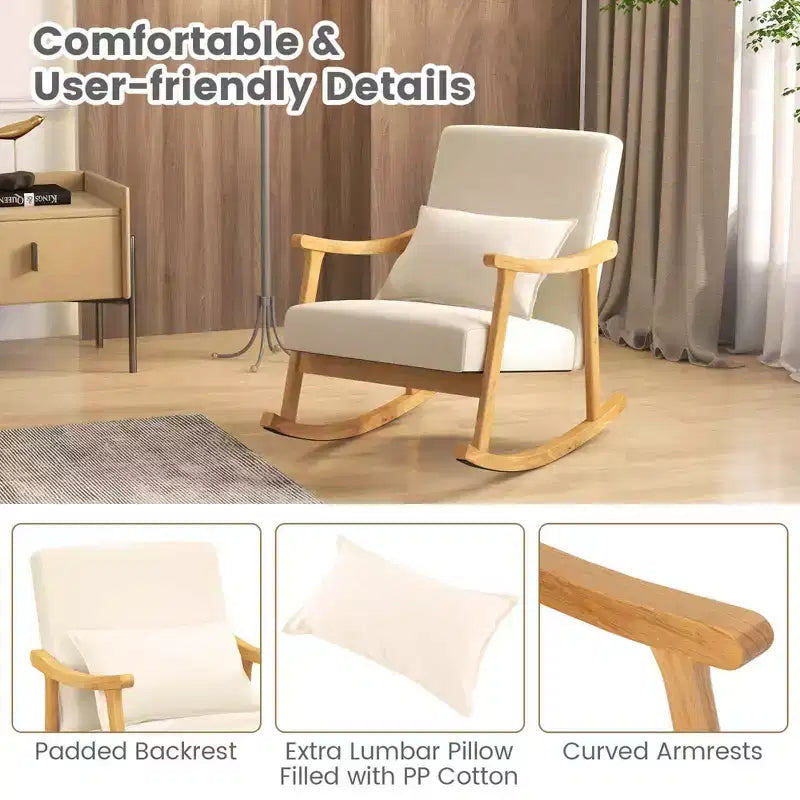 Sedia a Dondolo Imbottita con Cuscino, Struttura in Legno di Caucciù, Beige (1 o 2 PZ)