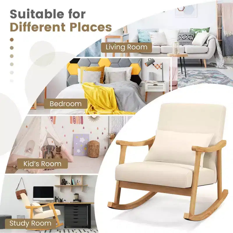 Sedia a Dondolo Imbottita con Cuscino, Struttura in Legno di Caucciù, Beige (1 o 2 PZ)