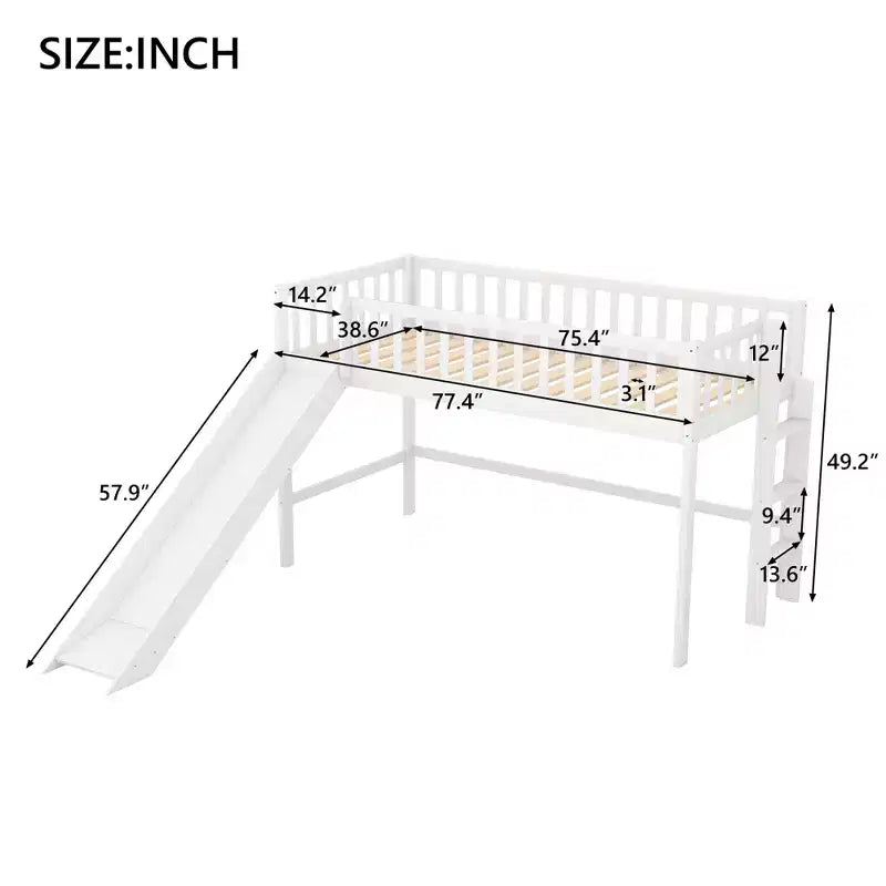 Letto a soppalco basso in legno misura doppia con scaletta e scivolo, design salvaspazio, 77,4"L x 40,5"W