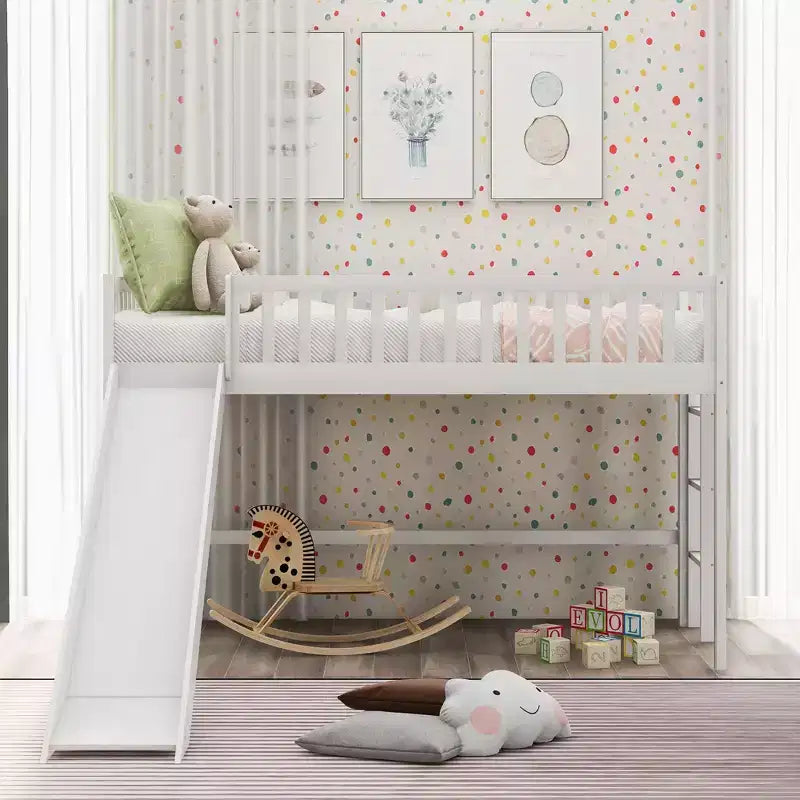 Letto a soppalco basso in legno misura doppia con scaletta e scivolo, design salvaspazio, 77,4"L x 40,5"W