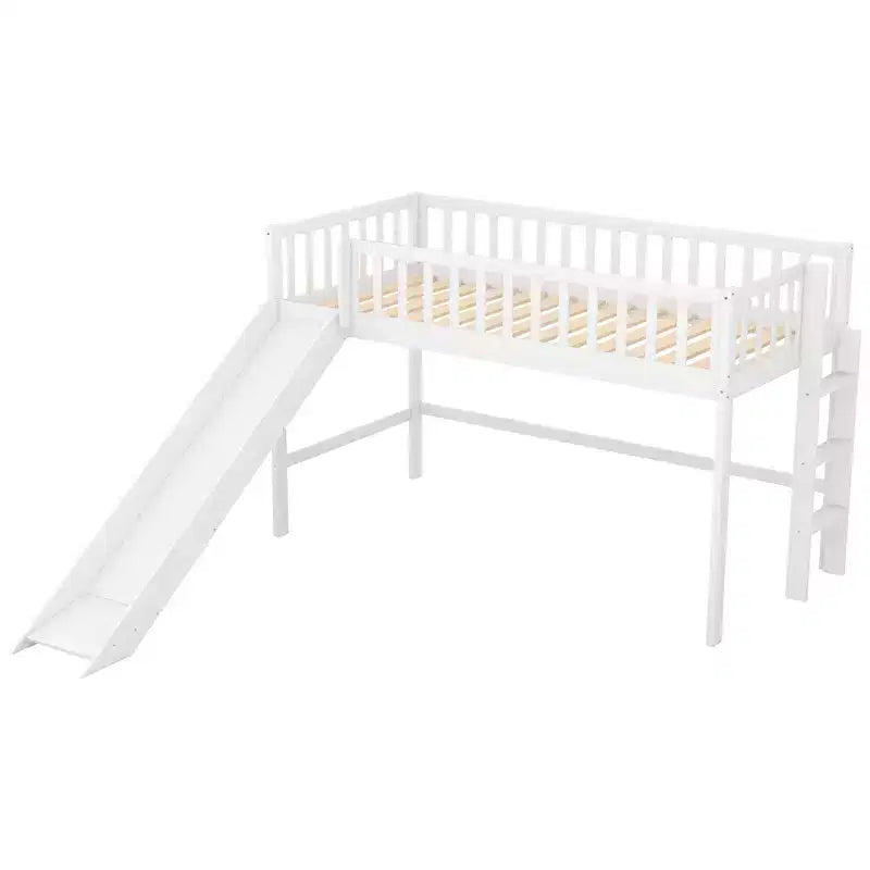 Letto a soppalco basso in legno misura doppia con scaletta e scivolo, design salvaspazio, 77,4"L x 40,5"W