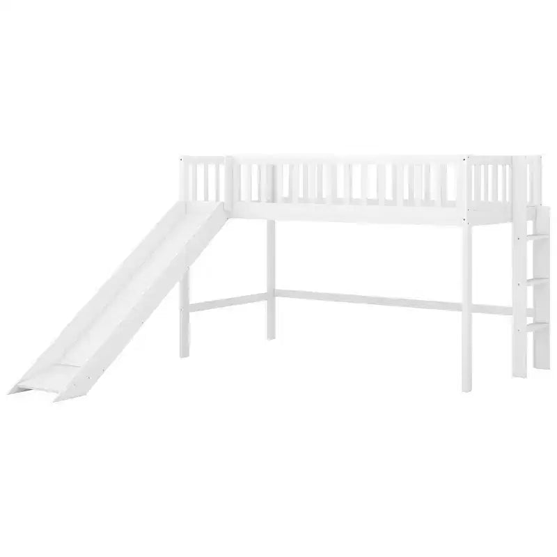 Letto a soppalco basso in legno misura doppia con scaletta e scivolo, design salvaspazio, 77,4"L x 40,5"W
