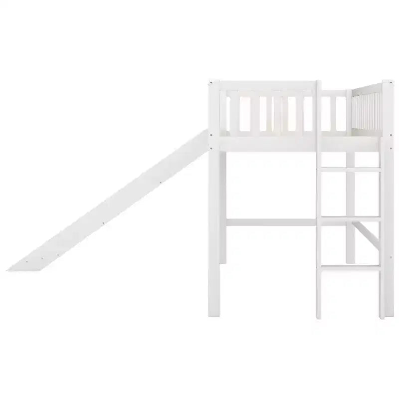 Letto a soppalco basso in legno misura doppia con scaletta e scivolo, design salvaspazio, 77,4"L x 40,5"W