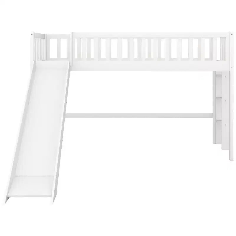 Letto a soppalco basso in legno misura doppia con scaletta e scivolo, design salvaspazio, 77,4"L x 40,5"W