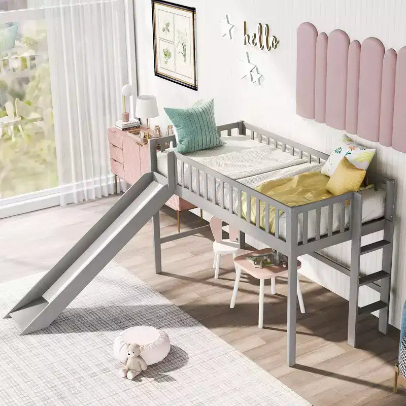 Letto a soppalco basso in legno misura doppia con scaletta e scivolo, design salvaspazio, 77,4"L x 40,5"W