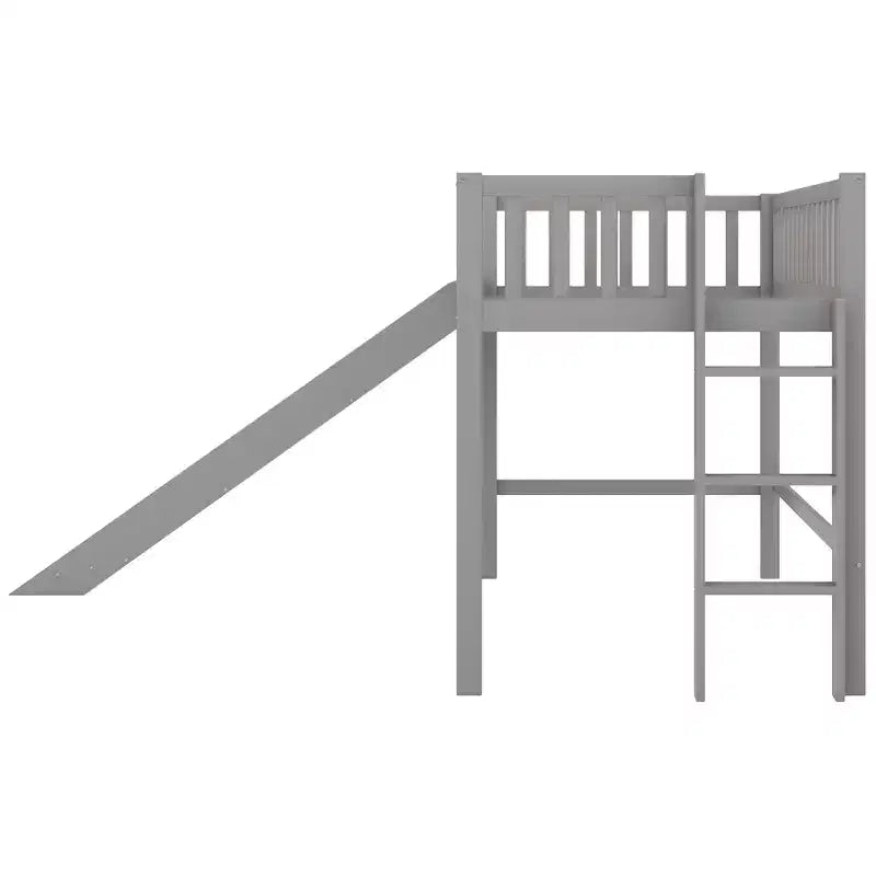 Letto a soppalco basso in legno misura doppia con scaletta e scivolo, design salvaspazio, 77,4"L x 40,5"W