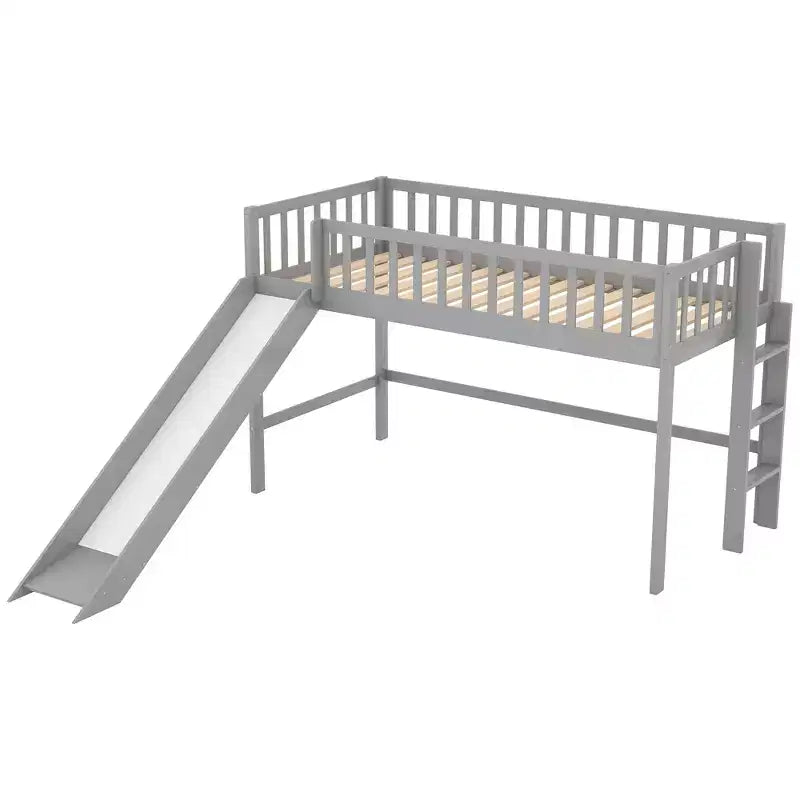 Letto a soppalco basso in legno misura doppia con scaletta e scivolo, design salvaspazio, 77,4"L x 40,5"W