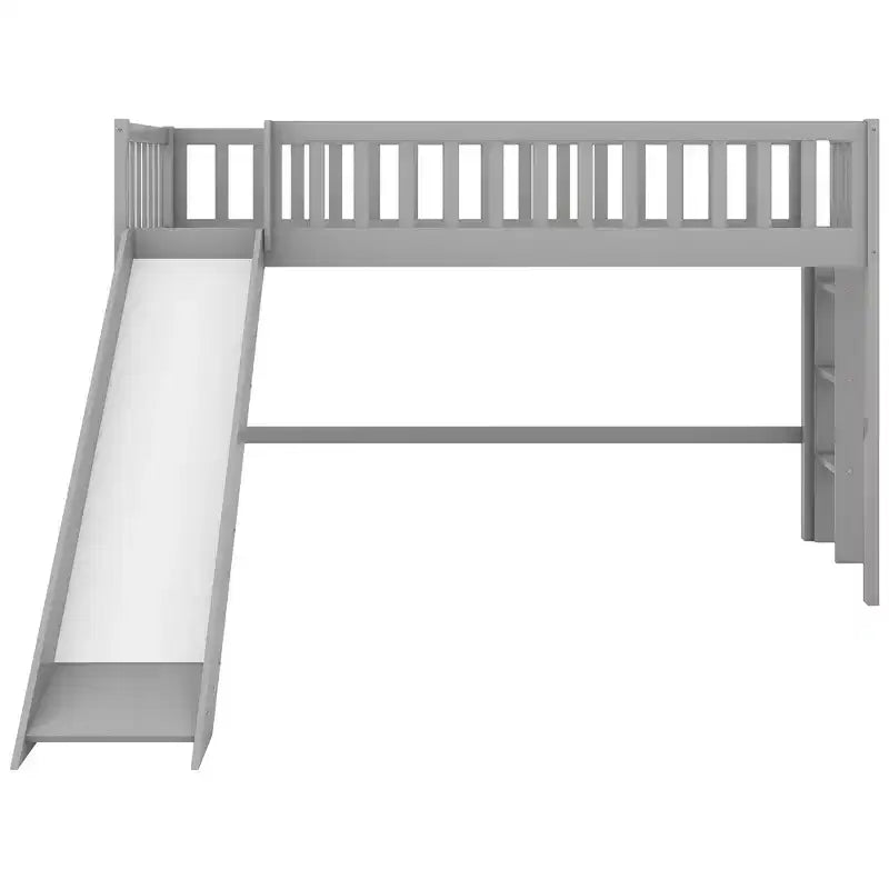 Letto a soppalco basso in legno misura doppia con scaletta e scivolo, design salvaspazio, 77,4"L x 40,5"W