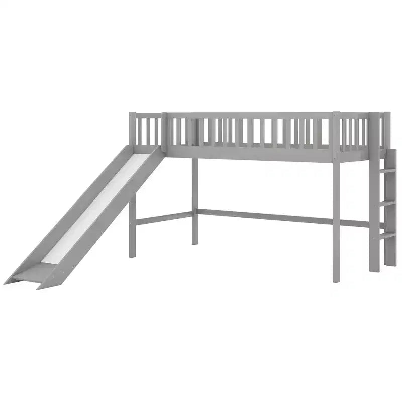 Letto a soppalco basso in legno misura doppia con scaletta e scivolo, design salvaspazio, 77,4"L x 40,5"W