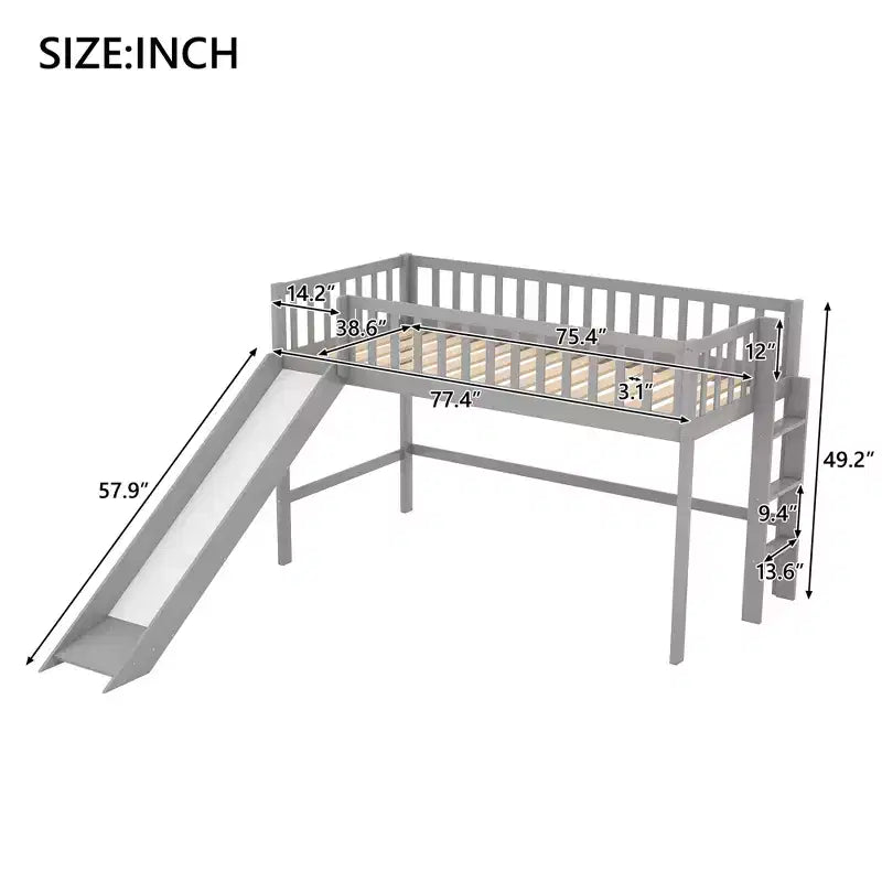Letto a soppalco basso in legno misura doppia con scaletta e scivolo, design salvaspazio, 77,4"L x 40,5"W