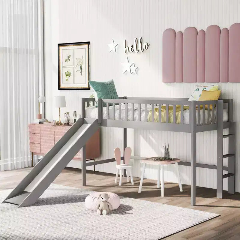 Whisen 77.4L x 40.5W Twin Size Wood Low Loft Bed with Ladder and Slide, Suitable for Small Space