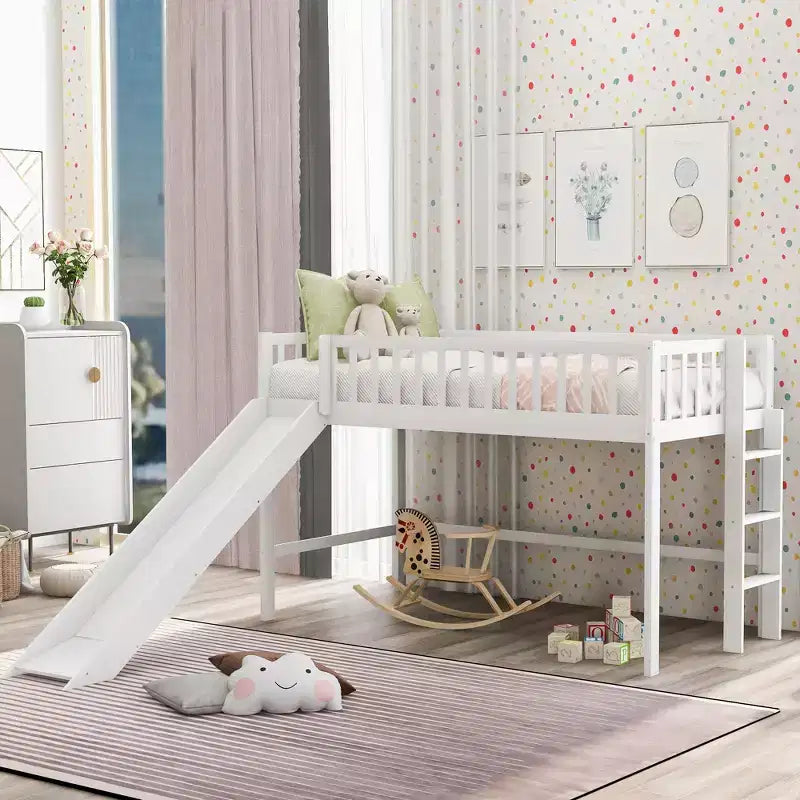 Letto a soppalco basso in legno misura doppia con scaletta e scivolo, design salvaspazio, 77,4"L x 40,5"W