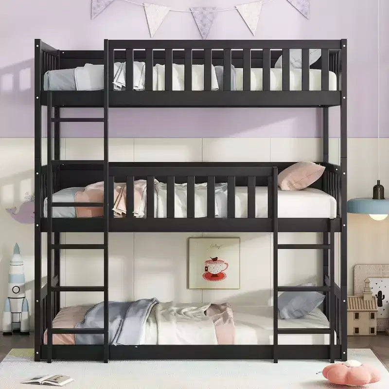 Whisen Triple Twin Size Rubber Wood Detachable Bunk Bed with Ladders and Guardrails