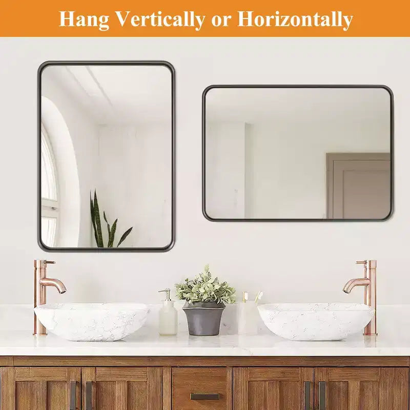 Glossy Black Coated Aluminum Alloy Rectangular Wall Mirror with Curved Edges