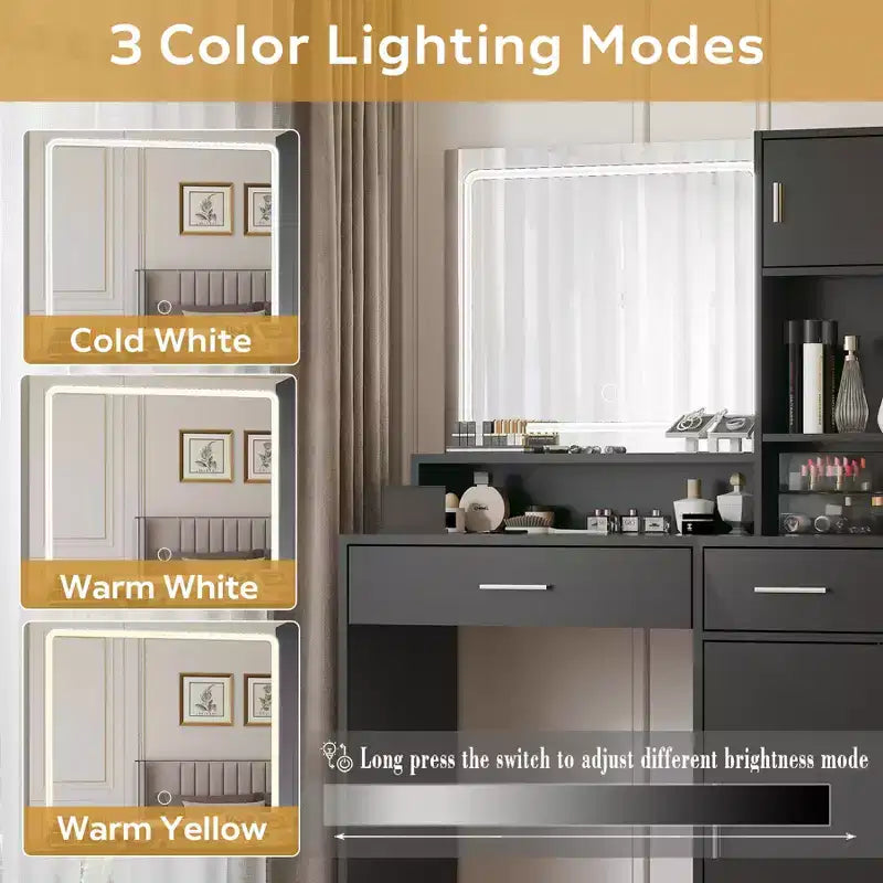 Scrivania da toeletta da 90 cm con specchio e striscia LED, 3 modalità di illuminazione e cassetti