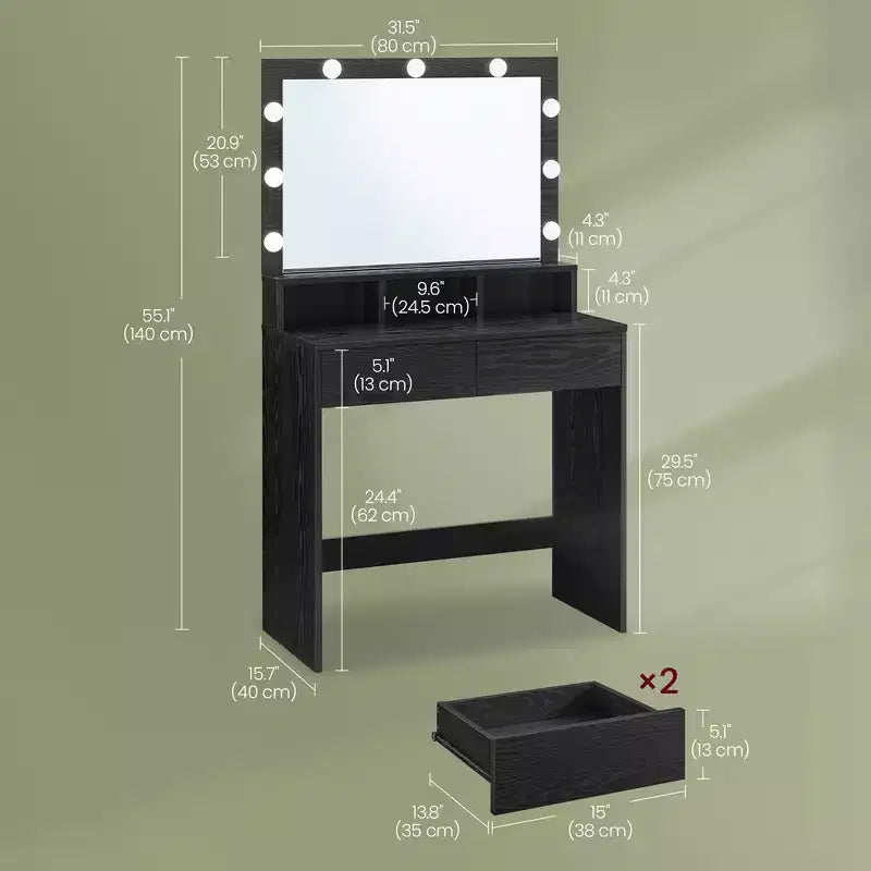 Toeletta con specchio e luci, luminosità regolabile, 3 scomparti aperti e 2 cassetti