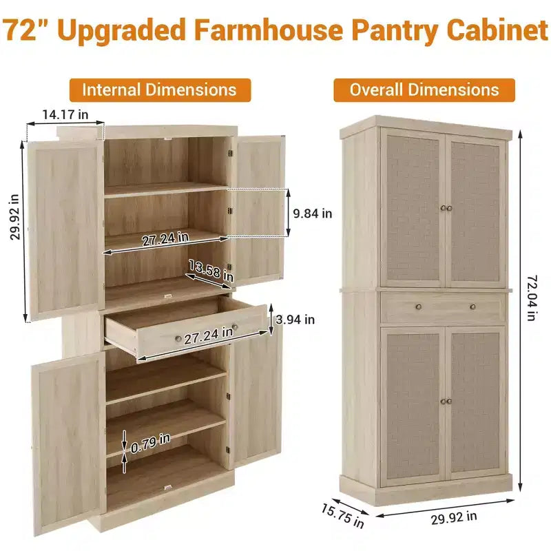 Dispensa a colonna, armadietti da cucina con ante e ripiani, dispensa alta 72'' in rattan stile coloniale con cassetti per sala da pranzo, soggiorno