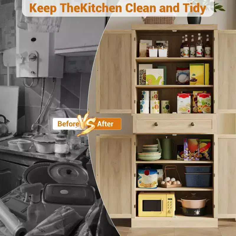 Dispensa a colonna, armadietti da cucina con ante e ripiani, dispensa alta 72'' in rattan stile coloniale con cassetti per sala da pranzo, soggiorno