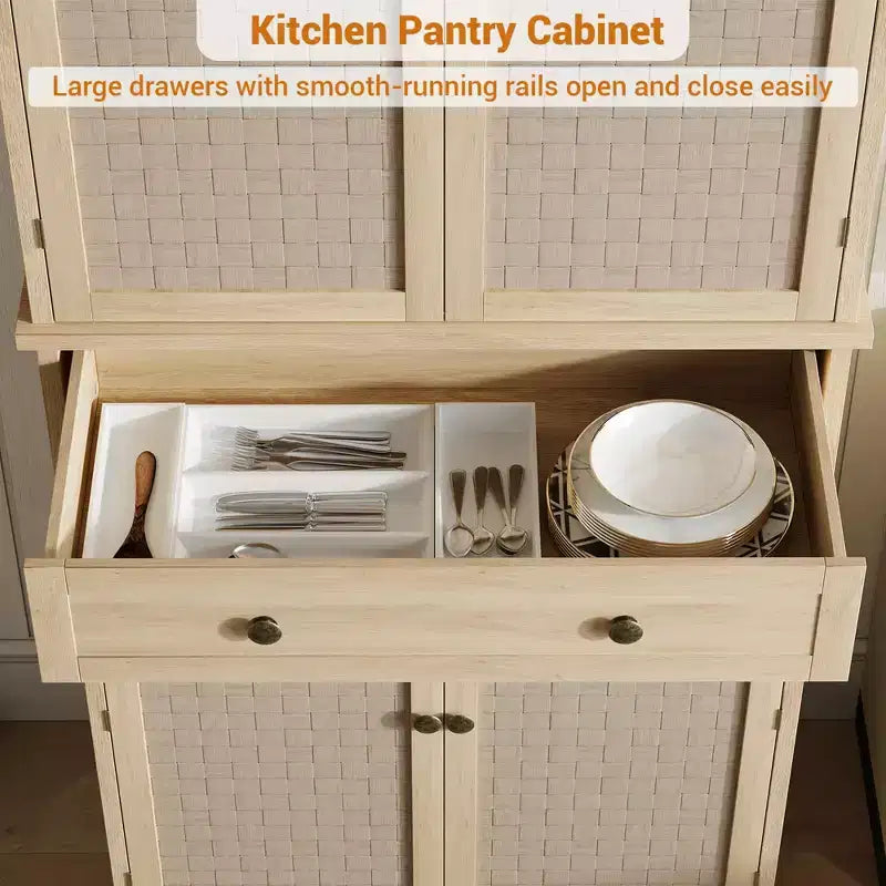 Dispensa a colonna, armadietti da cucina con ante e ripiani, dispensa alta 72'' in rattan stile coloniale con cassetti per sala da pranzo, soggiorno