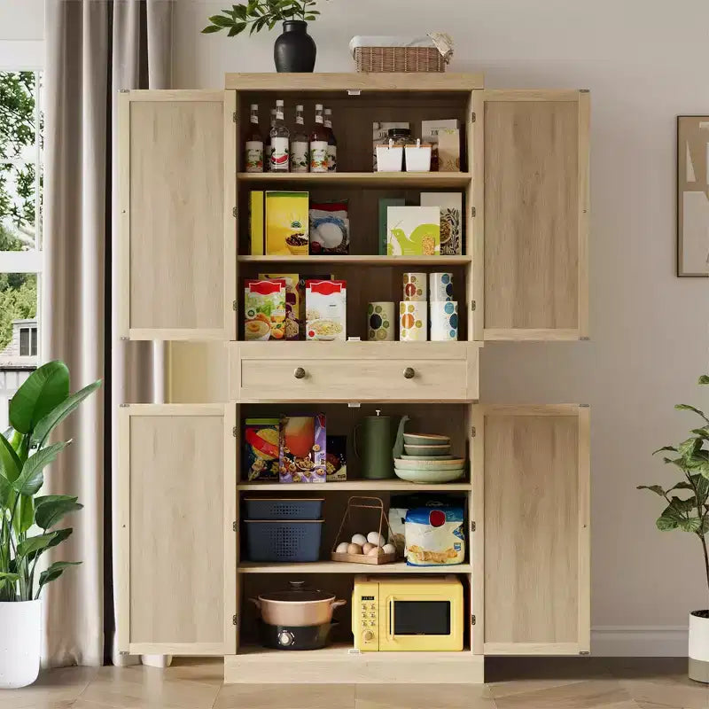 Dispensa a colonna, armadietti da cucina con ante e ripiani, dispensa alta 72'' in rattan stile coloniale con cassetti per sala da pranzo, soggiorno