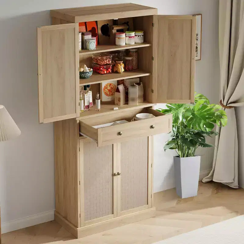 Dispensa a colonna, armadietti da cucina con ante e ripiani, dispensa alta 72'' in rattan stile coloniale con cassetti per sala da pranzo, soggiorno