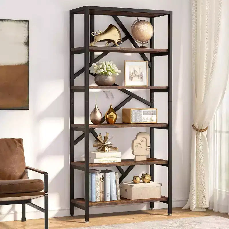 Lantine 71-Inch Industrial Bookshelf, 6 Shelf Etagere Bookcase, Free Standing Open Storage Display Shelf for Bedroom, Home Office, Living Room