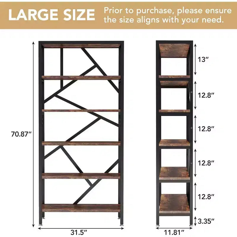 Libreria industriale da 180 cm, libreria a etagere a 6 ripiani, scaffale espositivo aperto autoportante per camera da letto, ufficio, soggiorno