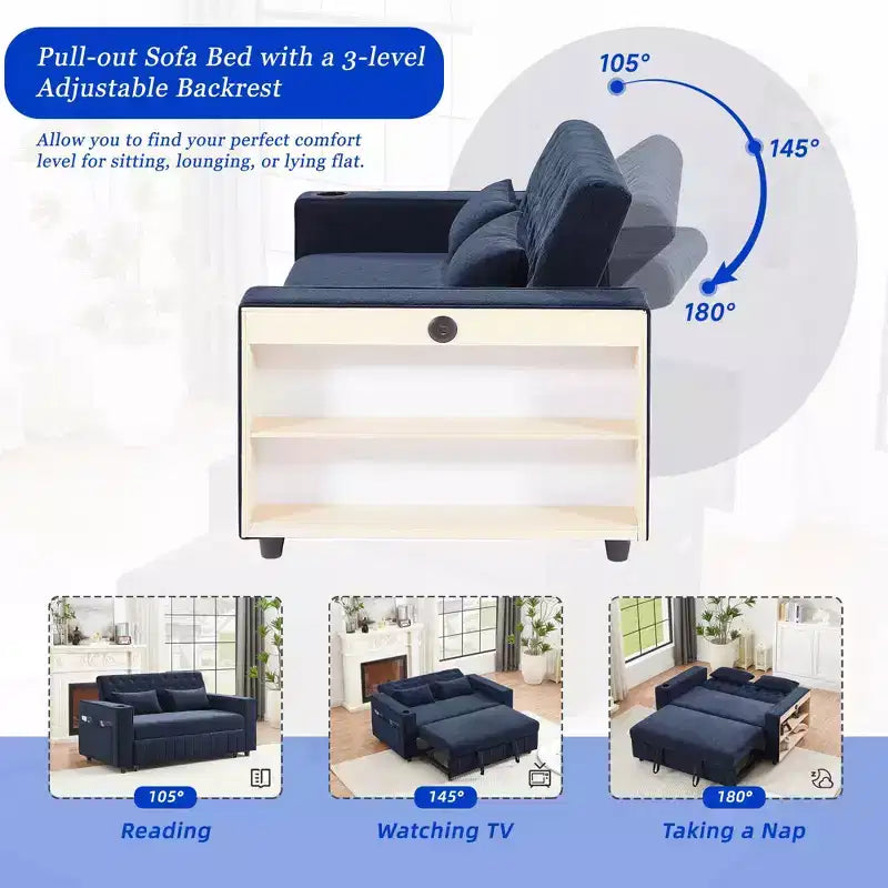 Divano letto estraibile da 156 cm, divanetto convertibile con schienale regolabile per soggiorno, blu