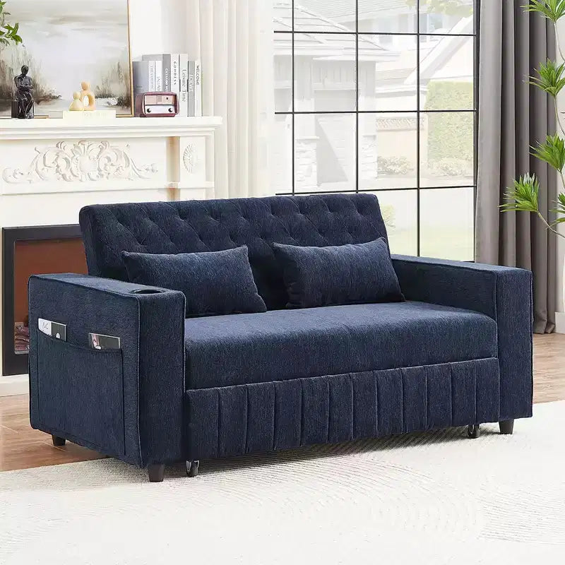 Divano letto estraibile da 156 cm, divanetto convertibile con schienale regolabile per soggiorno, blu