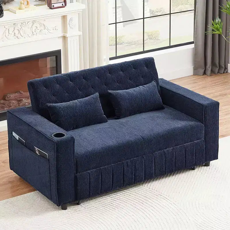 Divano letto estraibile da 156 cm, divanetto convertibile con schienale regolabile per soggiorno, blu
