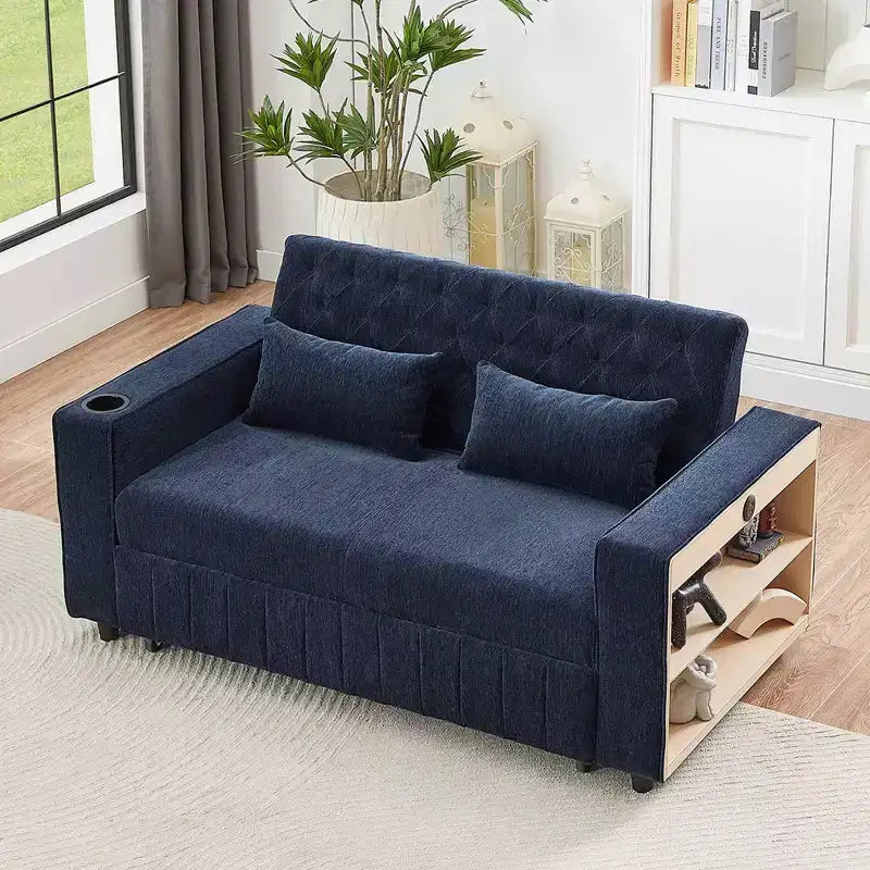 Divano letto estraibile da 156 cm, divanetto convertibile con schienale regolabile per soggiorno, blu