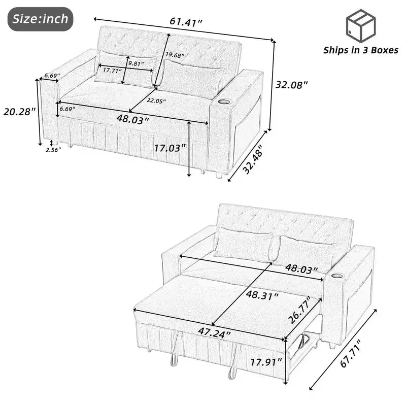 Divano letto estraibile da 156 cm, divanetto convertibile con schienale regolabile per soggiorno, blu