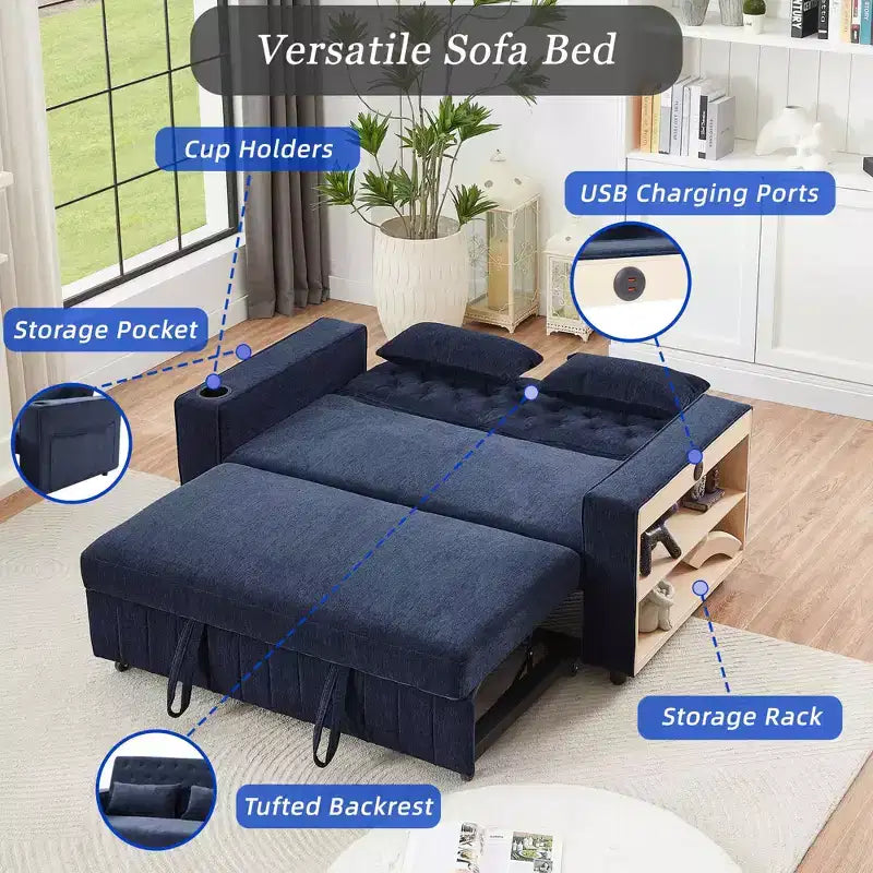 Divano letto estraibile da 156 cm, divanetto convertibile con schienale regolabile per soggiorno, blu